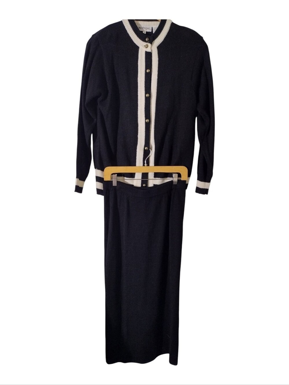 Vintage Classic Black & Cream Knit Cardigan and Skirt Set